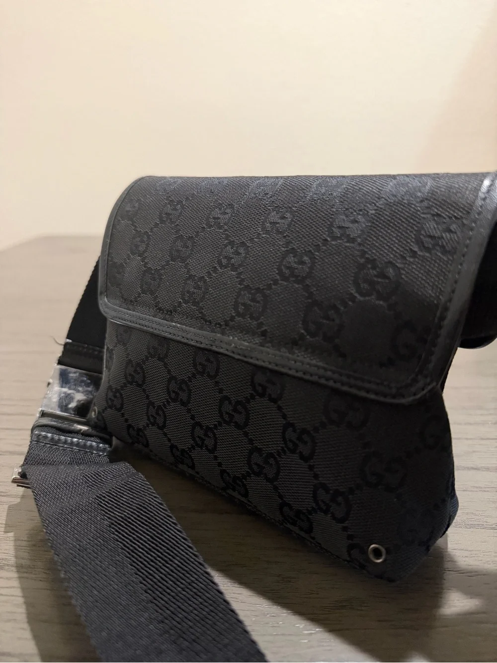 Gucci Black GG Monogram with Web Strap Belt Bag